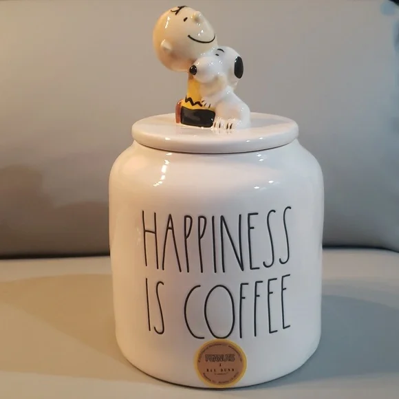 Rae Dunn Peanuts HAPPINESS IS COFFEE Charlie Brown Snoopy Canister Jar NWT - Picture 1 of 7